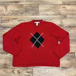 Vintage 90s Argyle Red Knit V-Neck Sweater